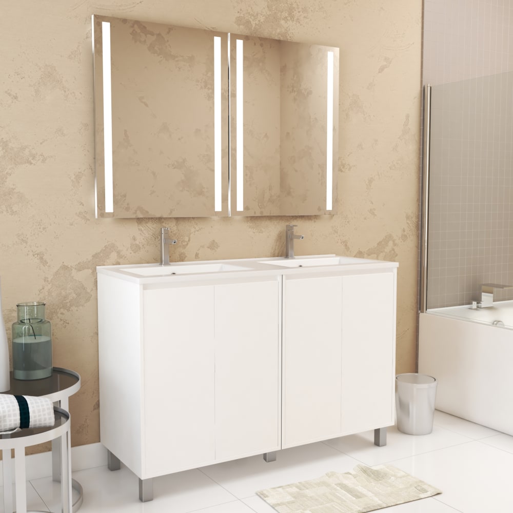 Meuble de salle de bains effet bois blanc avec miroir 46x120x83cm