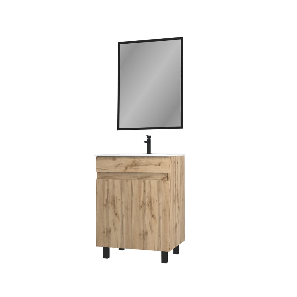 Meuble de salle de bains effet bois marron avec miroir