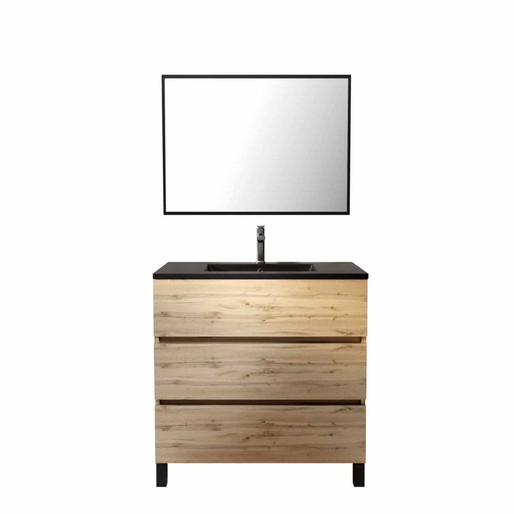 Meuble de salle de bains effet bois marron avec miroir