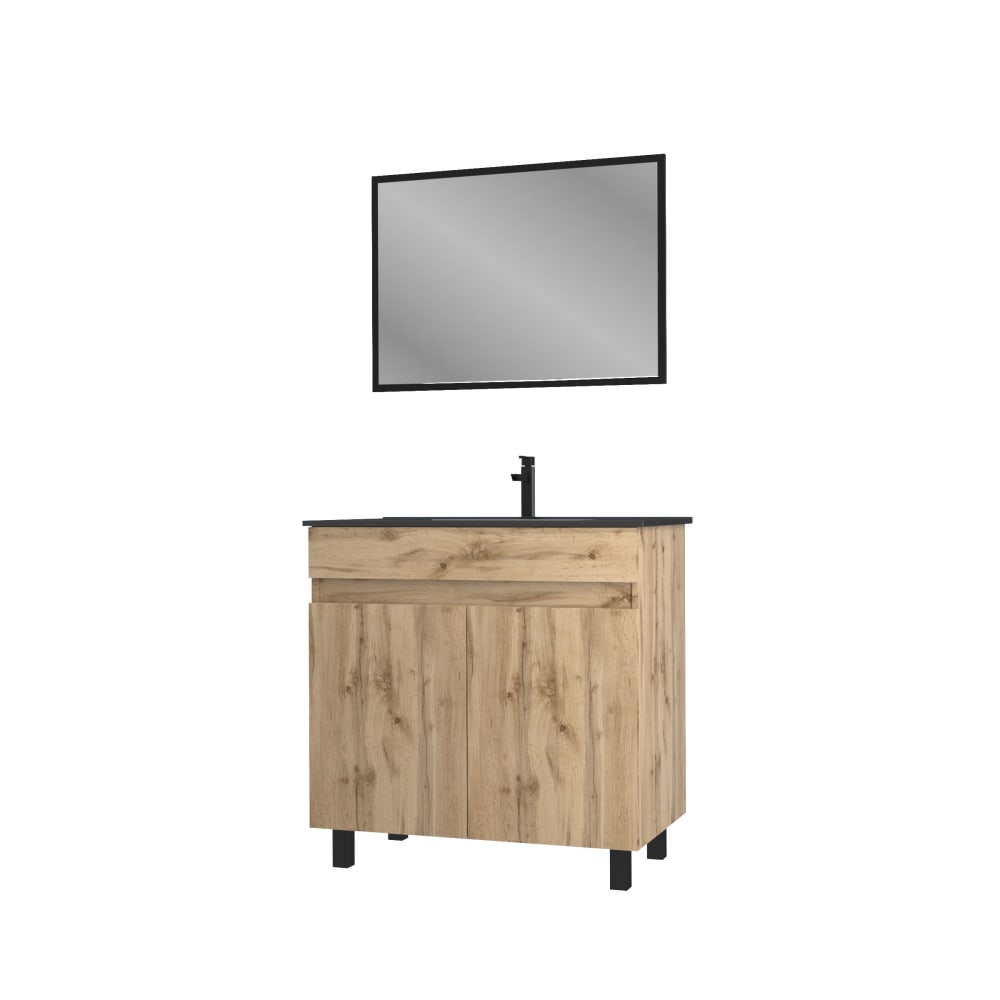 Meuble de salle de bains effet bois marron avec miroir