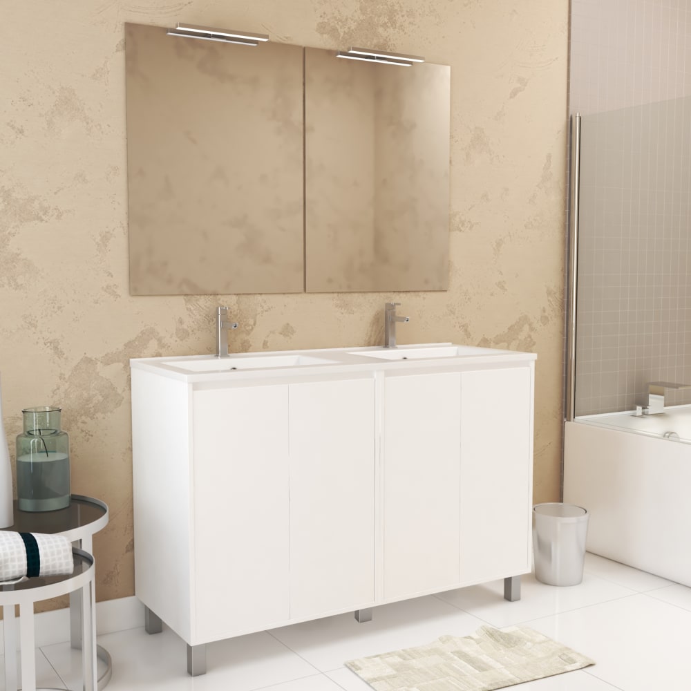 Meuble de salle de bains effet bois blanc avec miroir 46x120x83cm
