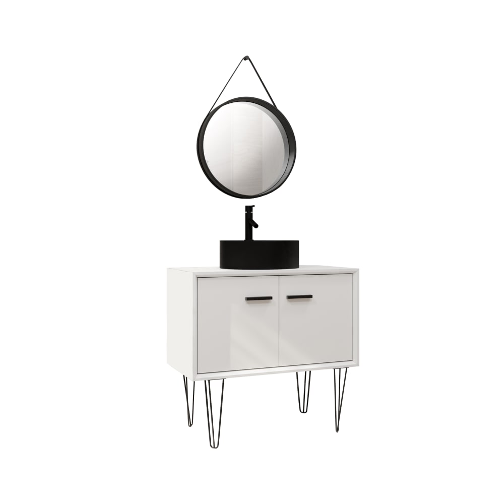 Meuble de salle de bains effet bois blanc avec miroir