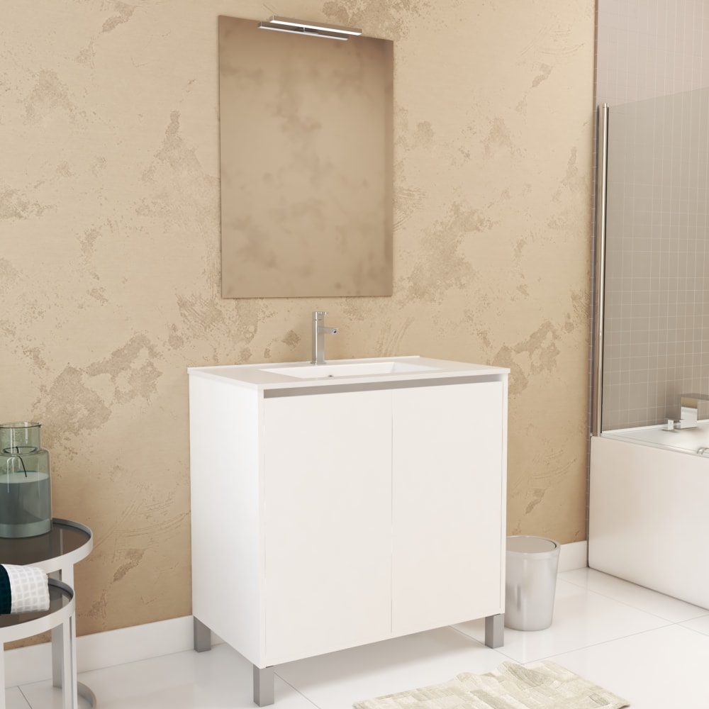 Meuble de salle de bains effet bois blanc avec miroir 46x80x83cm