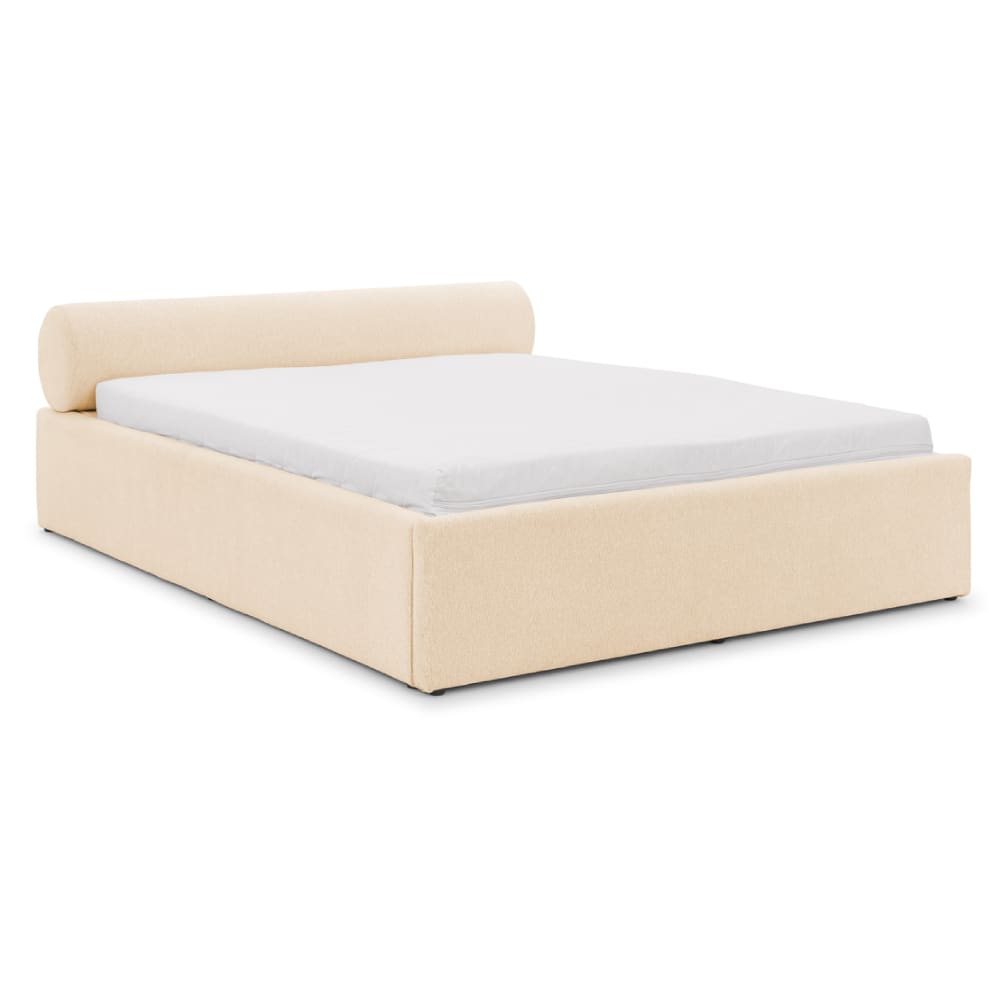 S-Style Designer-Polsterbett mit zylinderförmigem gepolstertem Kopfteil style modern Beige Holz