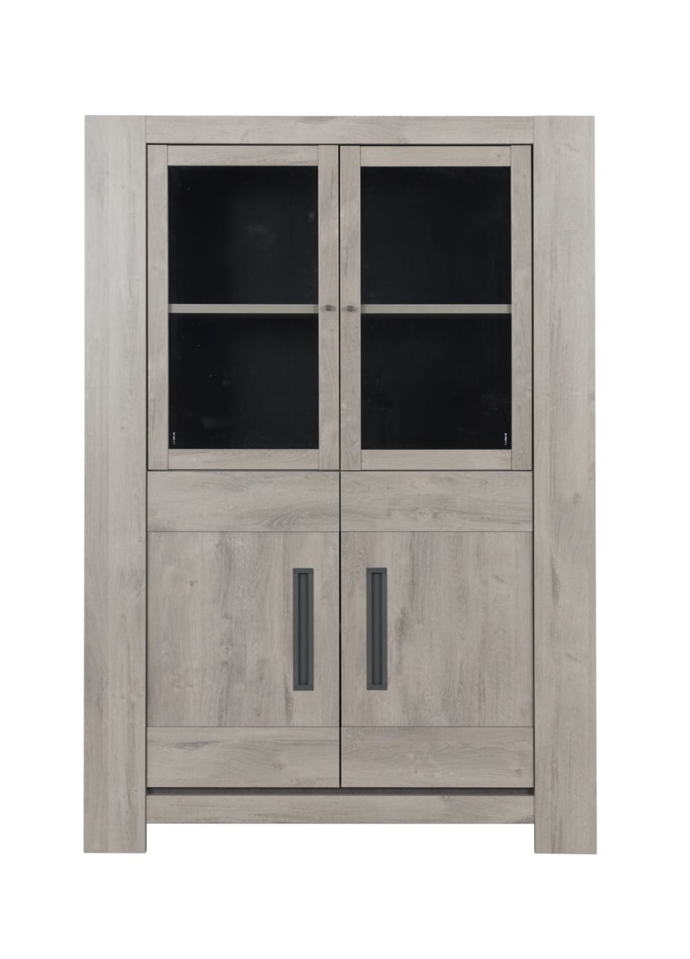 Rangement haut 4 portes effet bois chêne gris clair avec vitrine