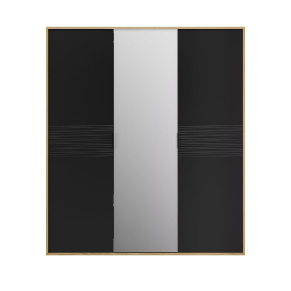 Armoire 3 portes effet bois noir mat avec miroir central