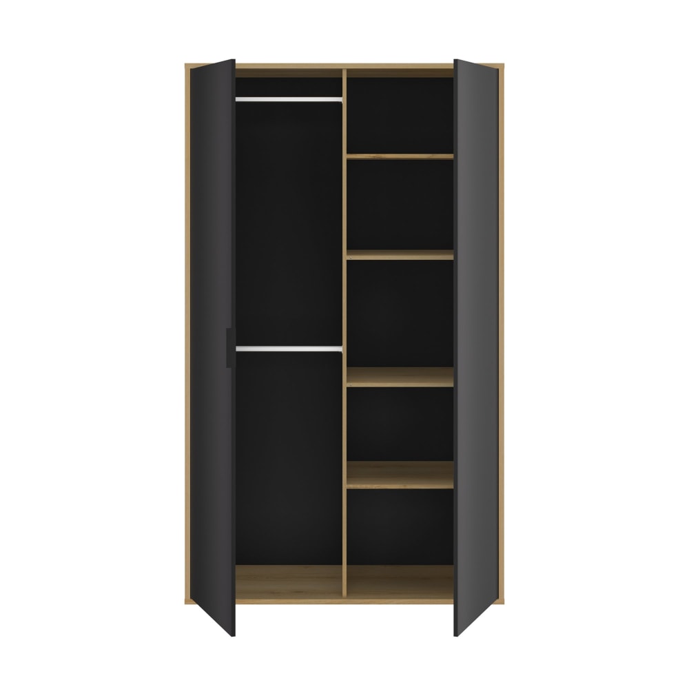 Armoire 2 portes effet bois noir mat avec penderie et étagères