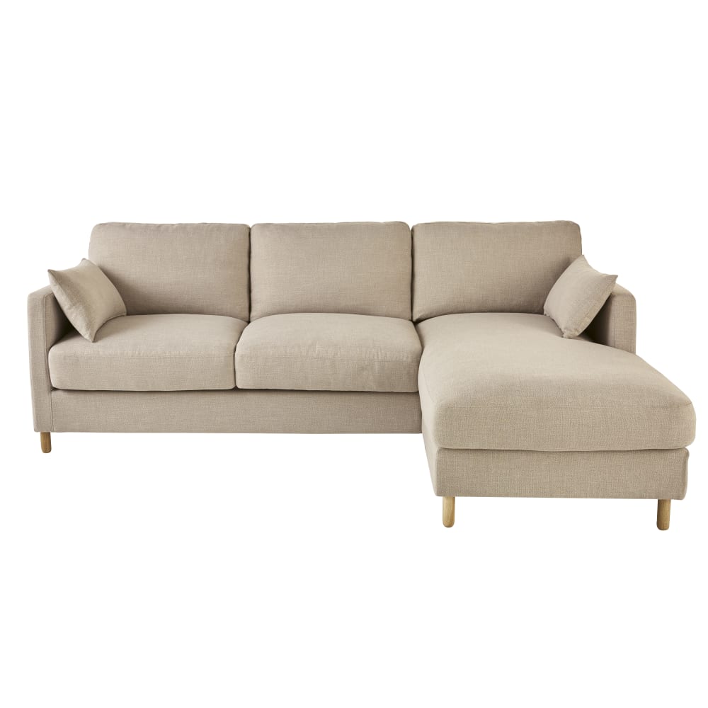 Canapé d'angle droit convertible 5 places beige, matelas 14 cm