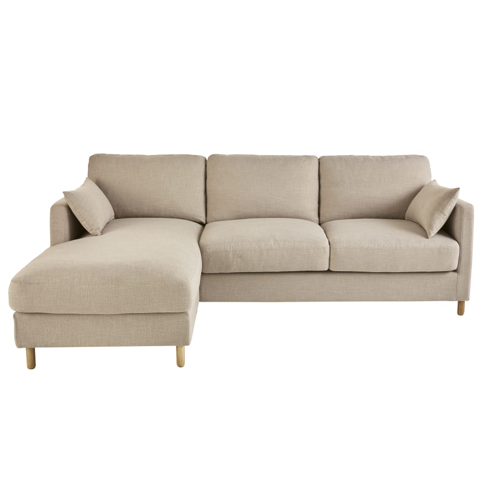 Canapé d'angle gauche convertible 5 places beige, matelas 14 cm