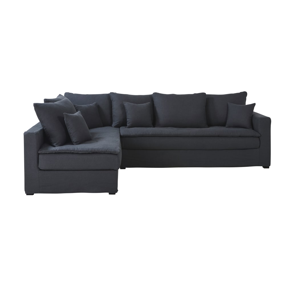 Canapé d'angle gauche 5 places en lin gris anthracite