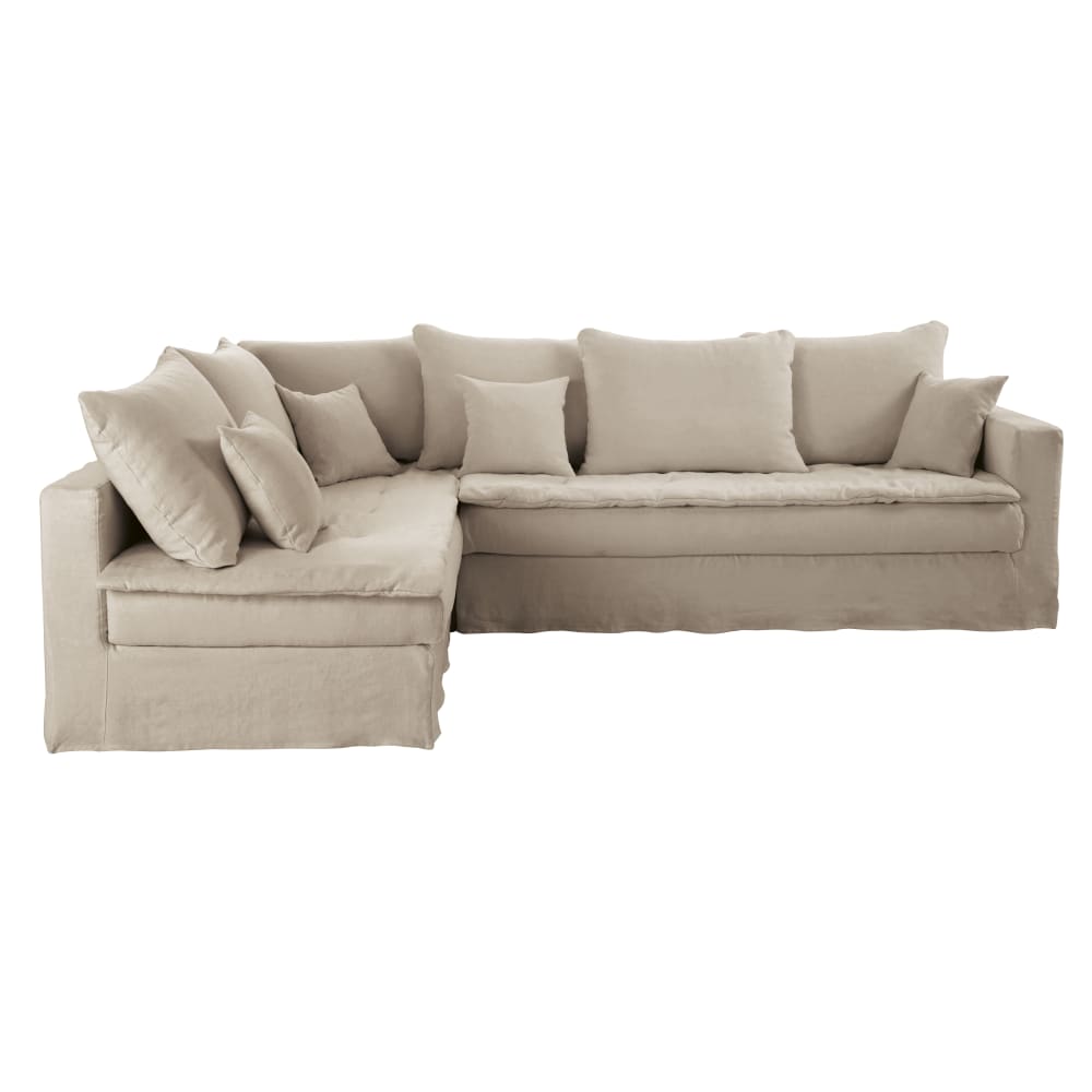 Canapé d'angle gauche 5/6 places en lin supérieur beige