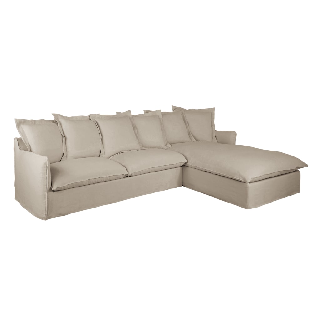 Canapé d'angle droit 5/6 places en lin supérieur beige