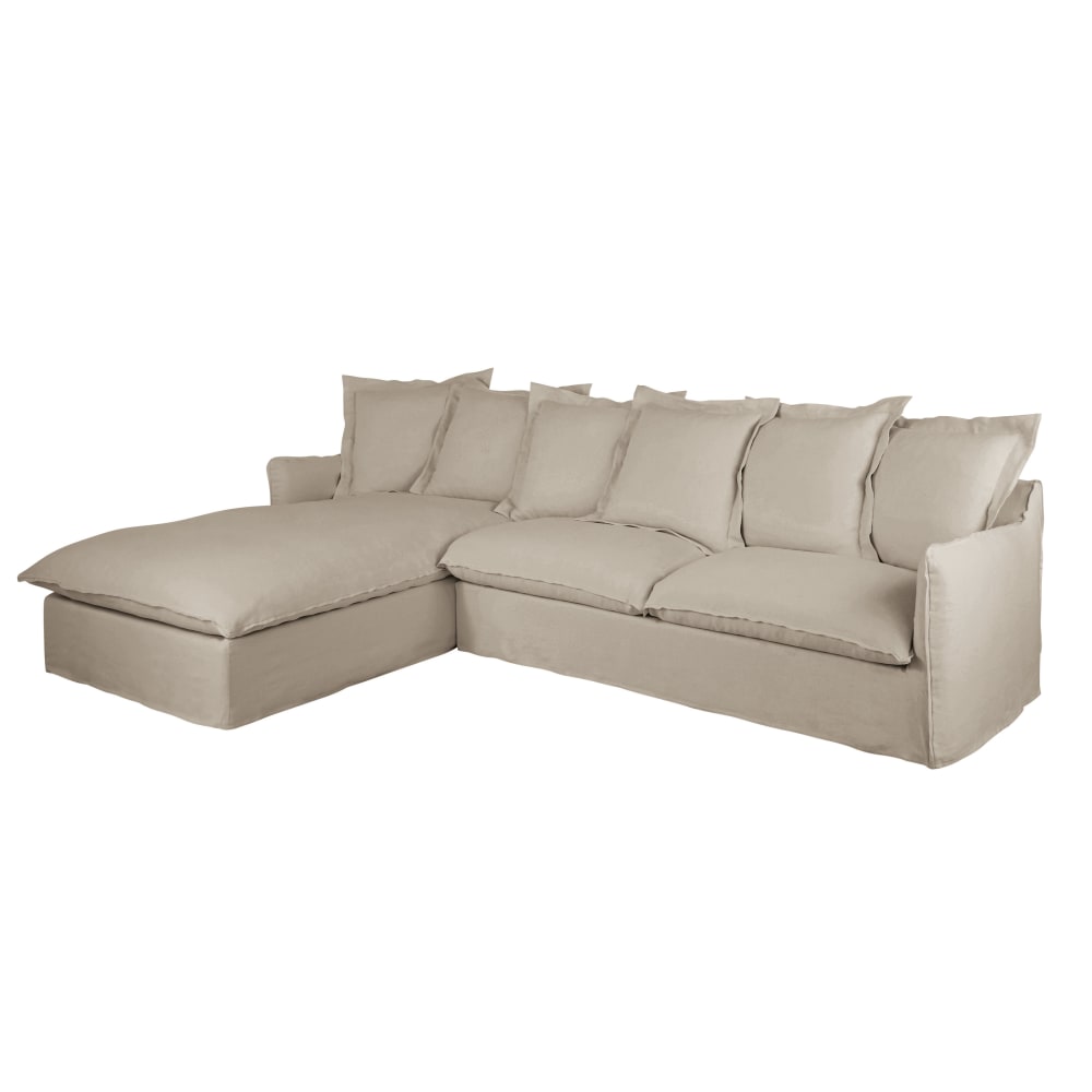 Canapé d'angle gauche convertible 6 places en lin supérieur beige