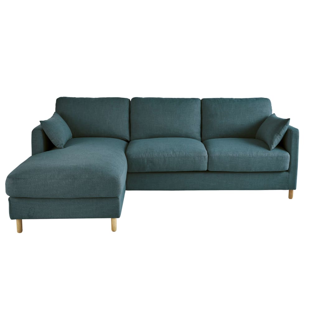 Canapé d'angle gauche convertible 5 places bleu pétrole, matelas 14 cm