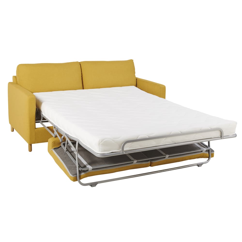 Canapé convertible 3 places jaune moutarde, matelas 14 cm