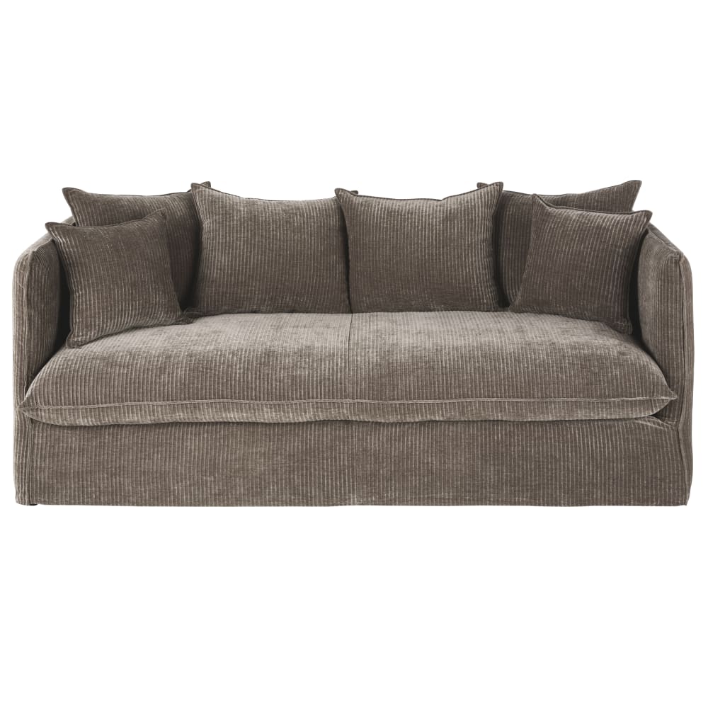 Canapé convertible 3/4 places en velours côtelé marron, matelas 10 cm