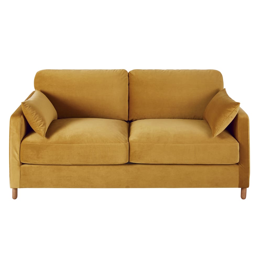 Canapé convertible 3 places en velours jaune moutarde, matelas 14 cm