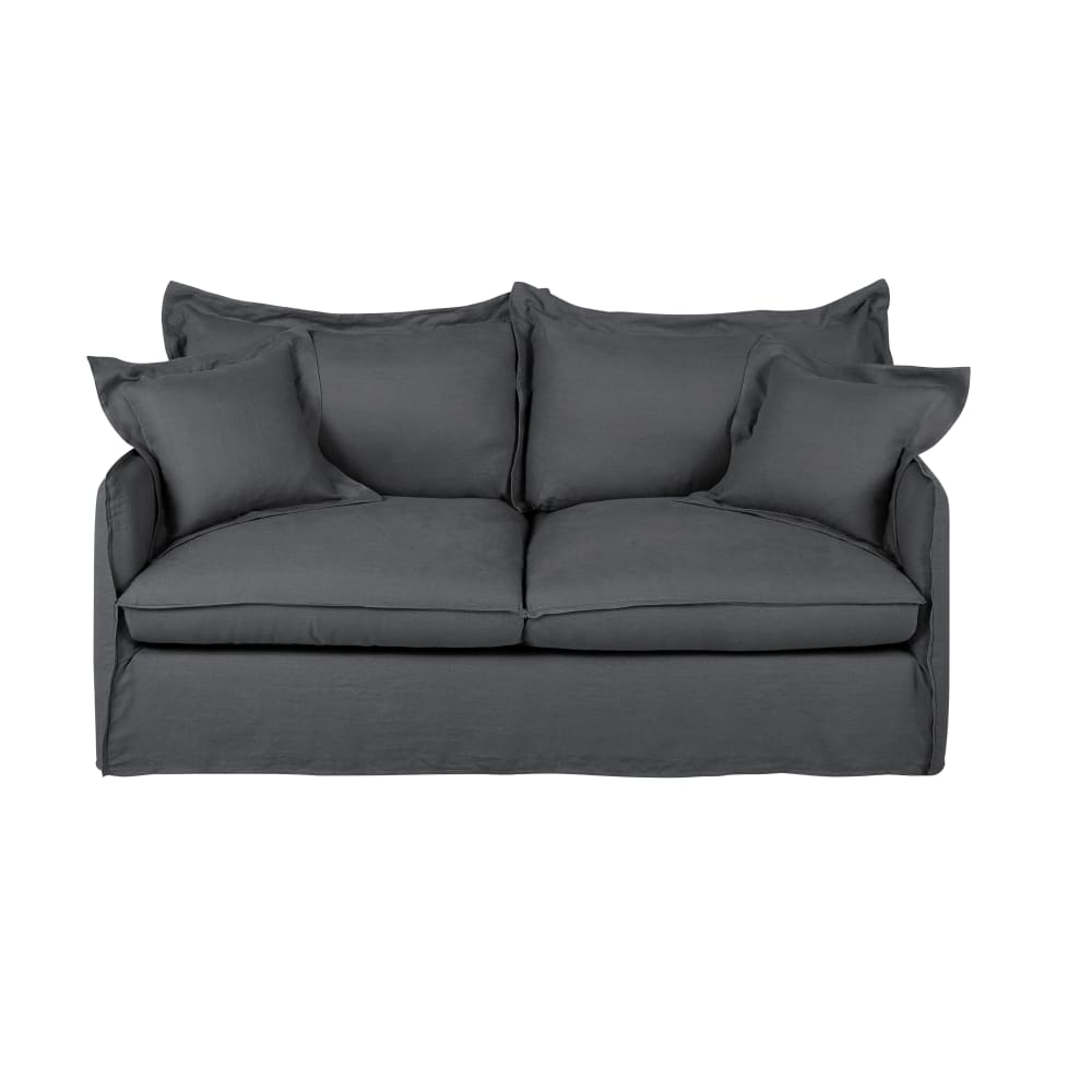 Canapé convertible 3 places en lin gris anthracite, matelas 14 cm