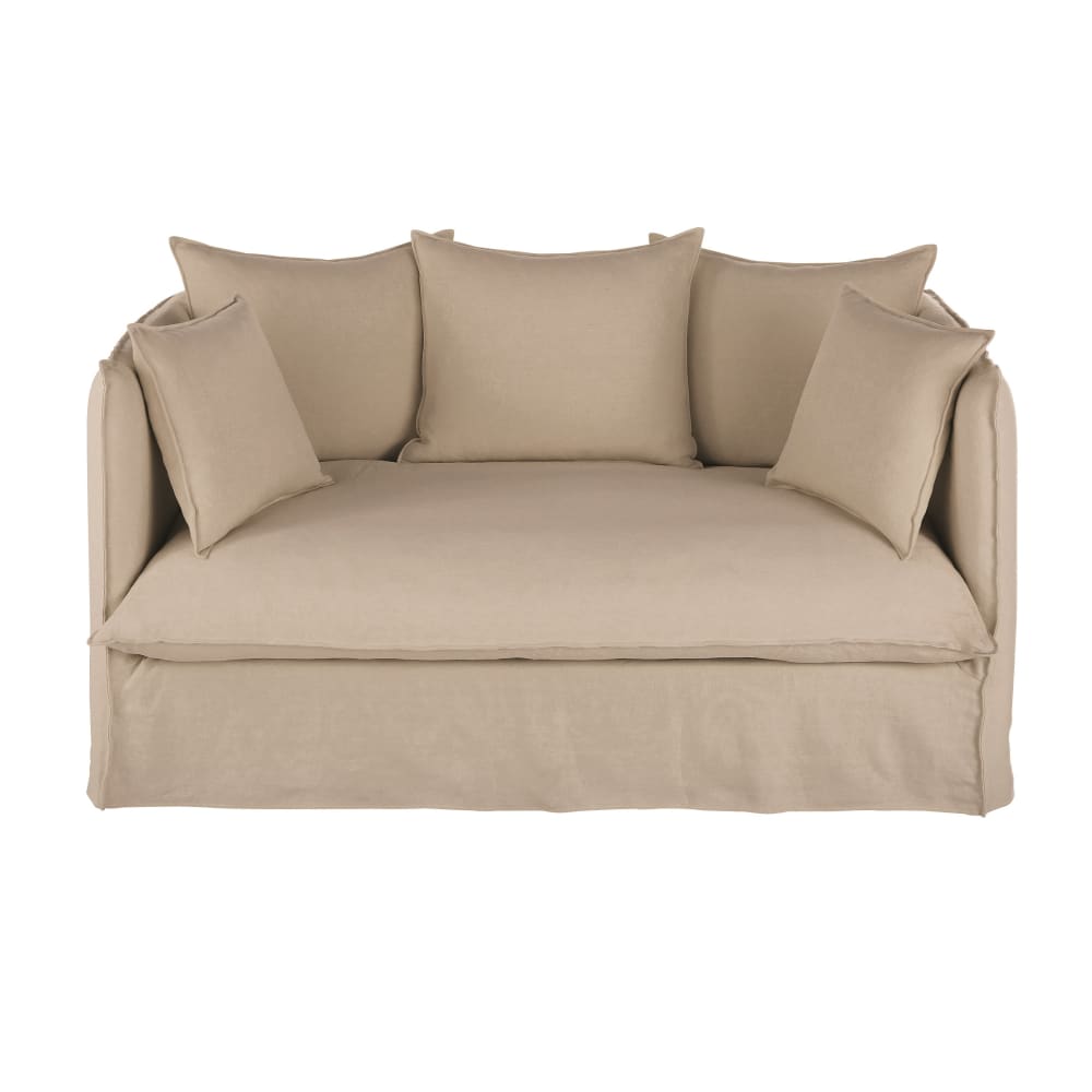 Canapé convertible 2/3 places en lin supérieur beige, matelas 10 cm