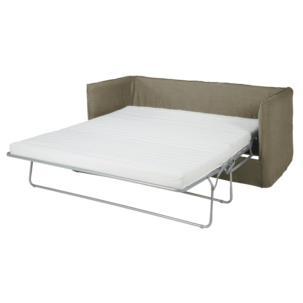 Canapé convertible 3/4 places en lin vert kaki, matelas 10 cm