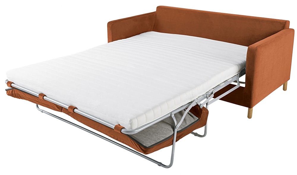 Canapé convertible 3 places en velours orange écureuil, matelas 10 cm