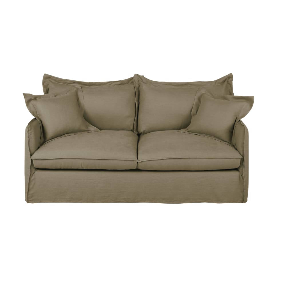 Canapé convertible 3 places en lin vert kaki, matelas 14 cm