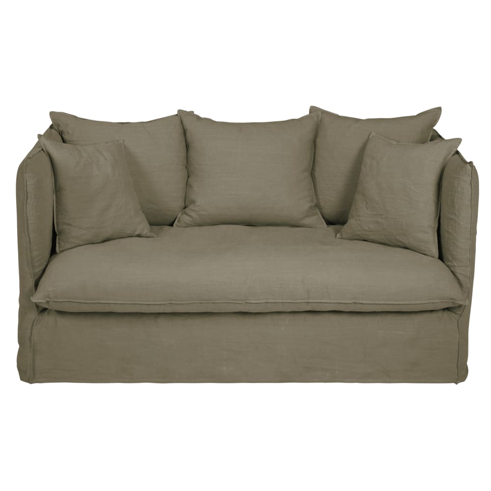 Canapé 2 places en lin froissé vert kaki