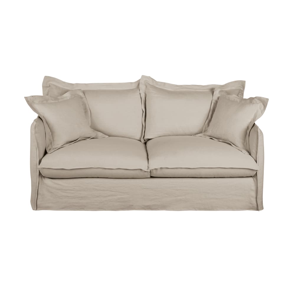 Canapé convertible 3/4 places en lin supérieur beige, matelas 14 cm