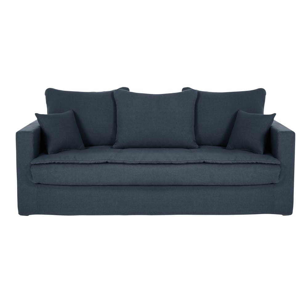 Canapé 3/4 places en lin bleu nuit