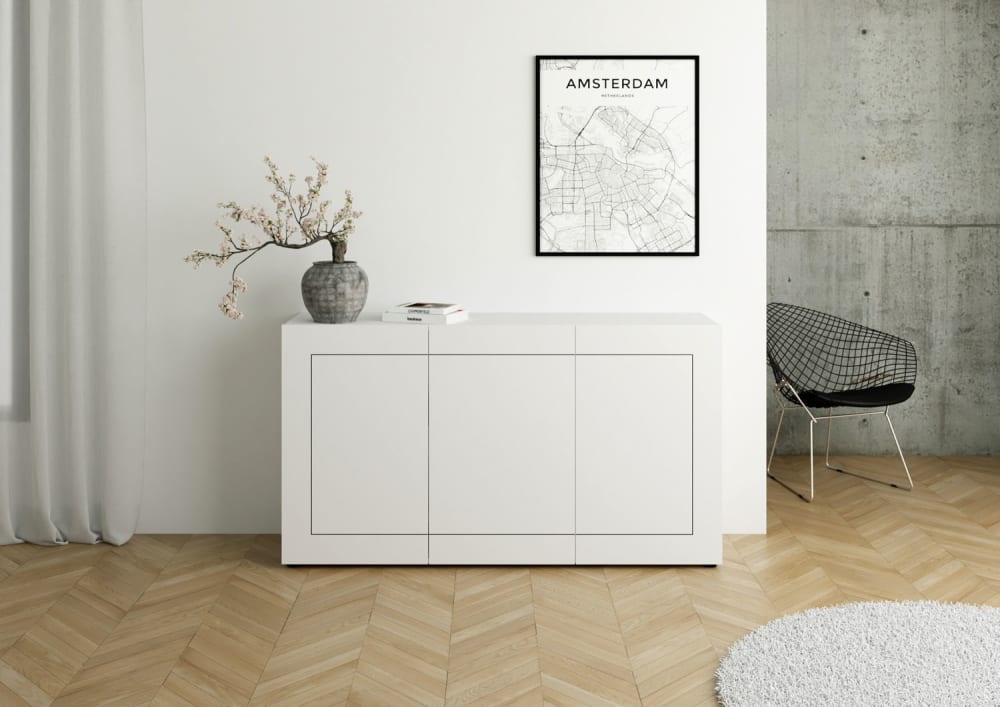Kommode 3-türig 150x40x83,5cm in Holzoptik Hochglanz Weiß -