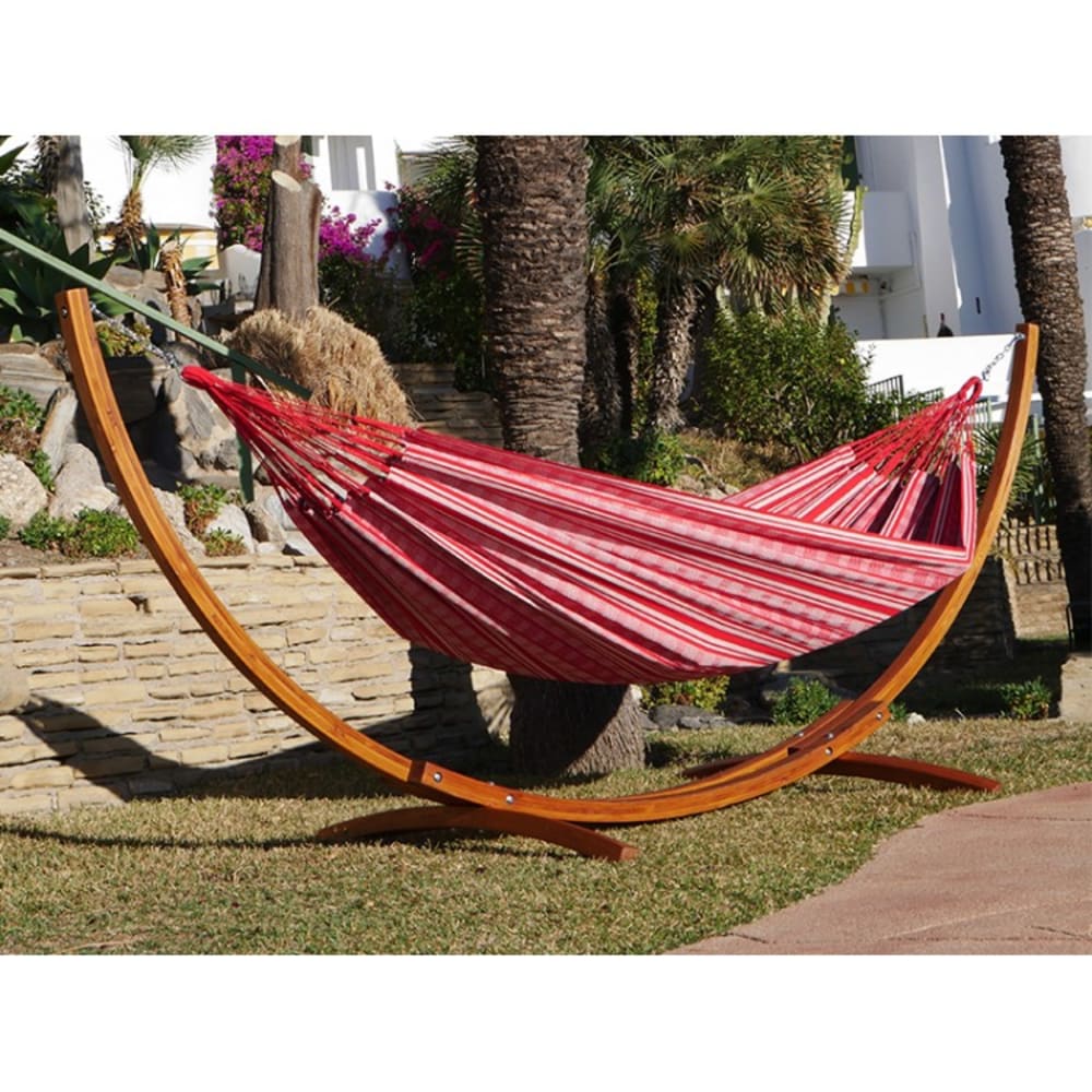Hamac XL en coton rouge et blanc et son pied en épicéa