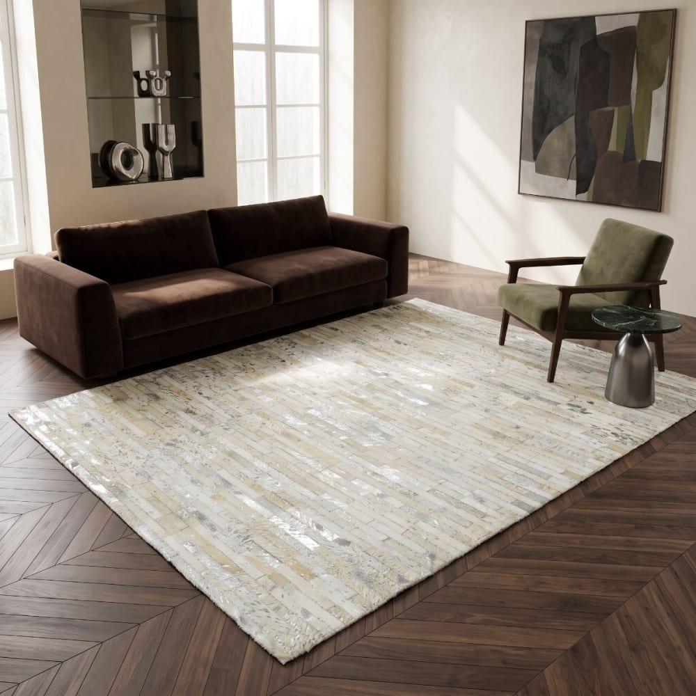The Deco Factory Teppich aus recyceltem Naturleder Grau-Silber 190x290 style modern Weiß