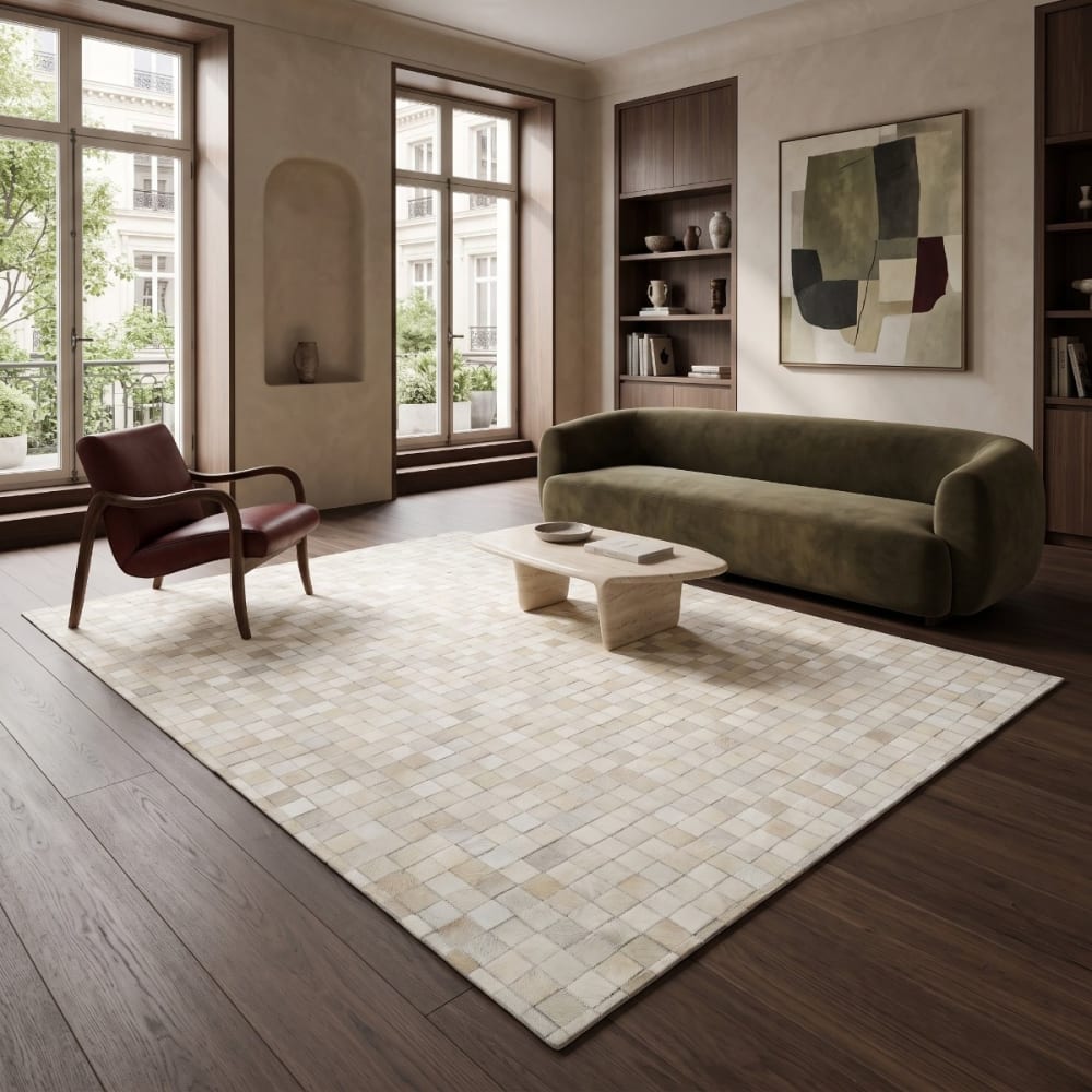 The Deco Factory Teppich aus recyceltem Naturleder Mosaik Weiß 160x230 style modern Weiß