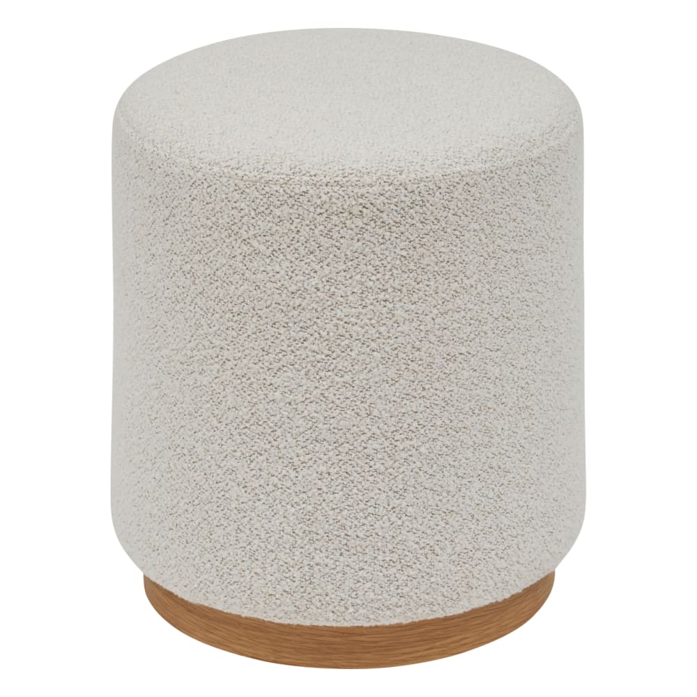 Pouf rond en tissu bouclette avec base bois ecru 41 x 41
