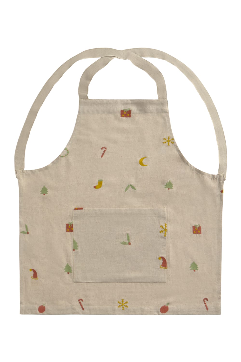 CALMA HOUSE Leinenschürze mit festlichen Motiven bestickt. Befestigung mit überkreuzten Trägern auf dem Rücken. Inklusive mittlerer Tasche. Mehrfarbig