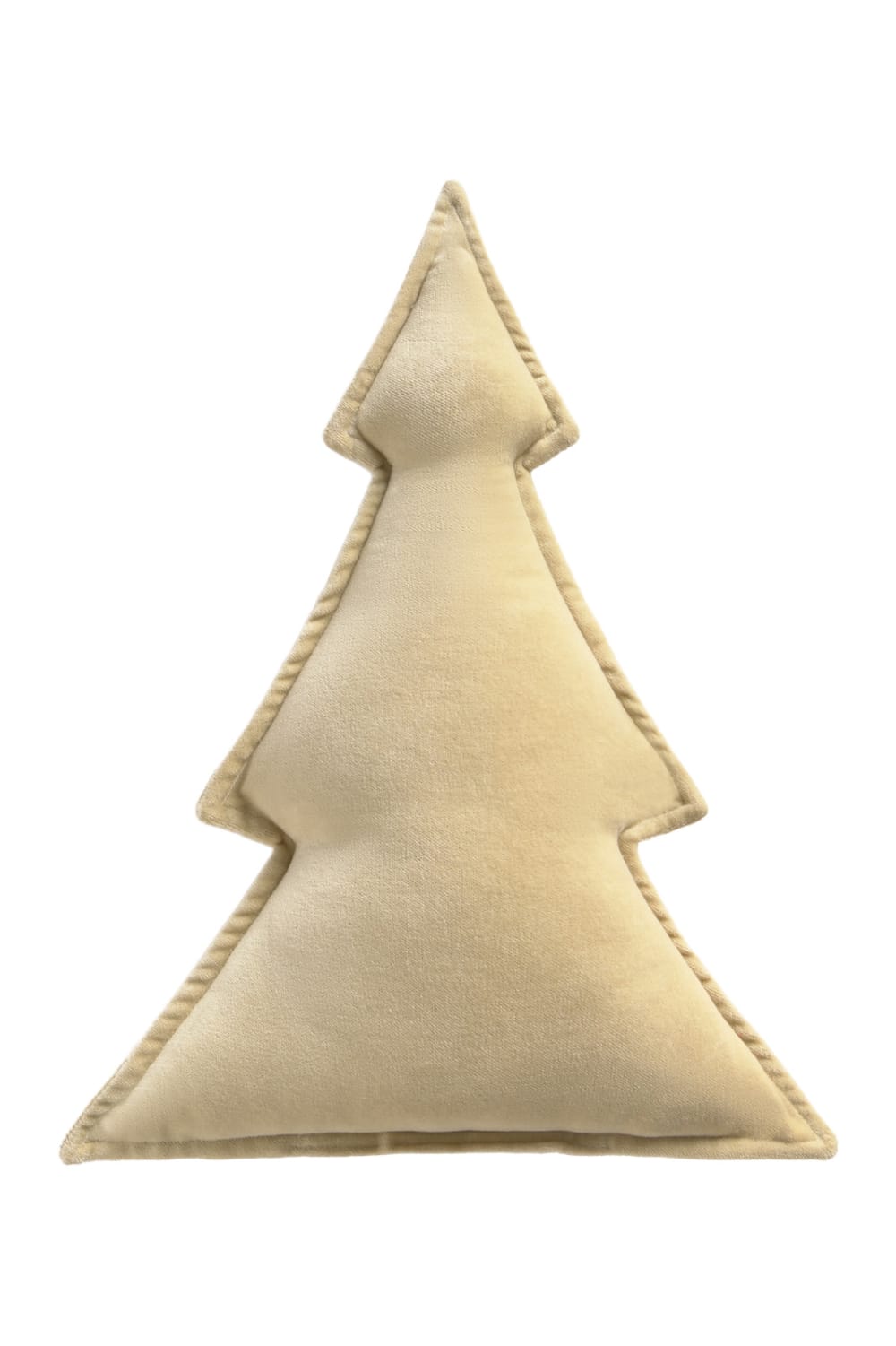 CALMA HOUSE Dekoratives Kissen mit Füllung in Tannenbaumform aus beige Baumwollvelours. Detail mit Rand. Weiß