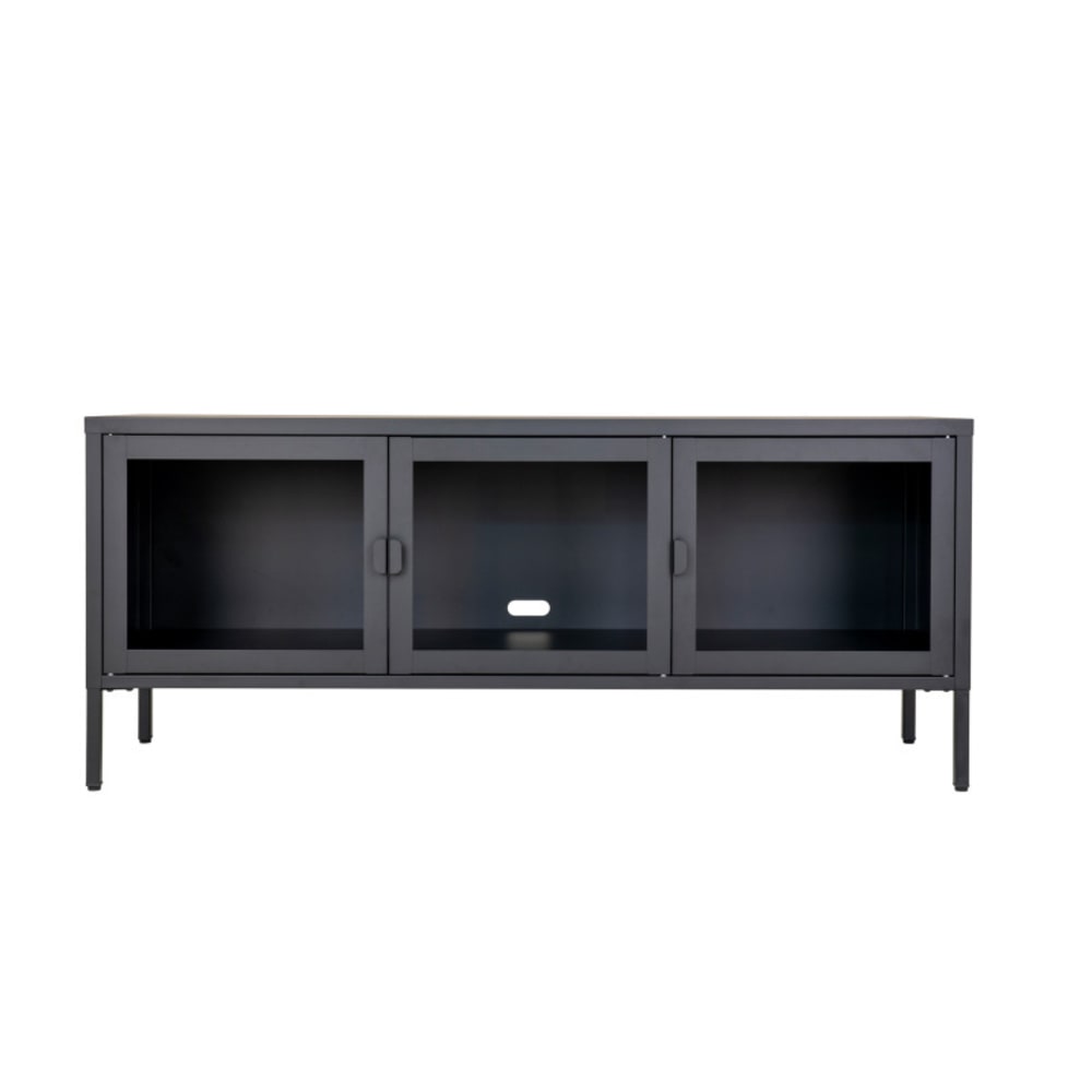 Banc tv 3 portes vitrées acier noir 130 cm Banc tv 3 portes vitrées acier noir 130 cm