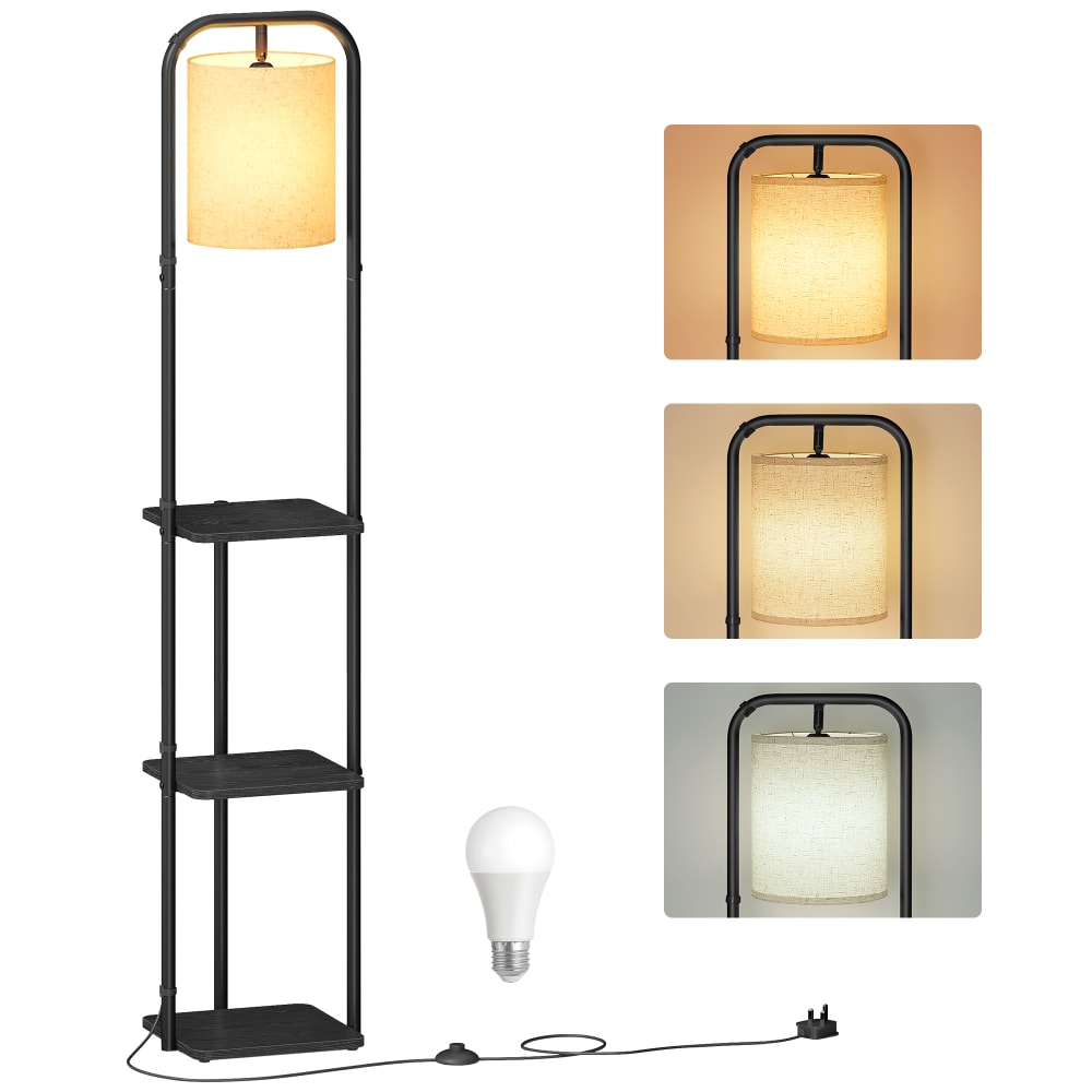 Lampadaire sur pied avec 3 étagères ampoule et interrupteur noir
