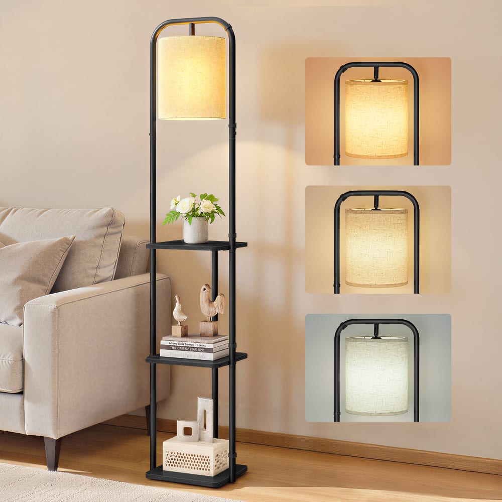 Lampadaire sur pied avec 3 étagères ampoule et interrupteur noir — vue 3