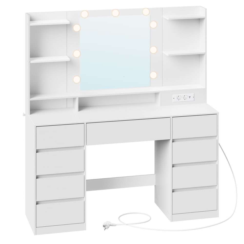 Coiffeuse avec miroir 9 tiroirs 9 ampoules éclairage 3 couleurs blanc