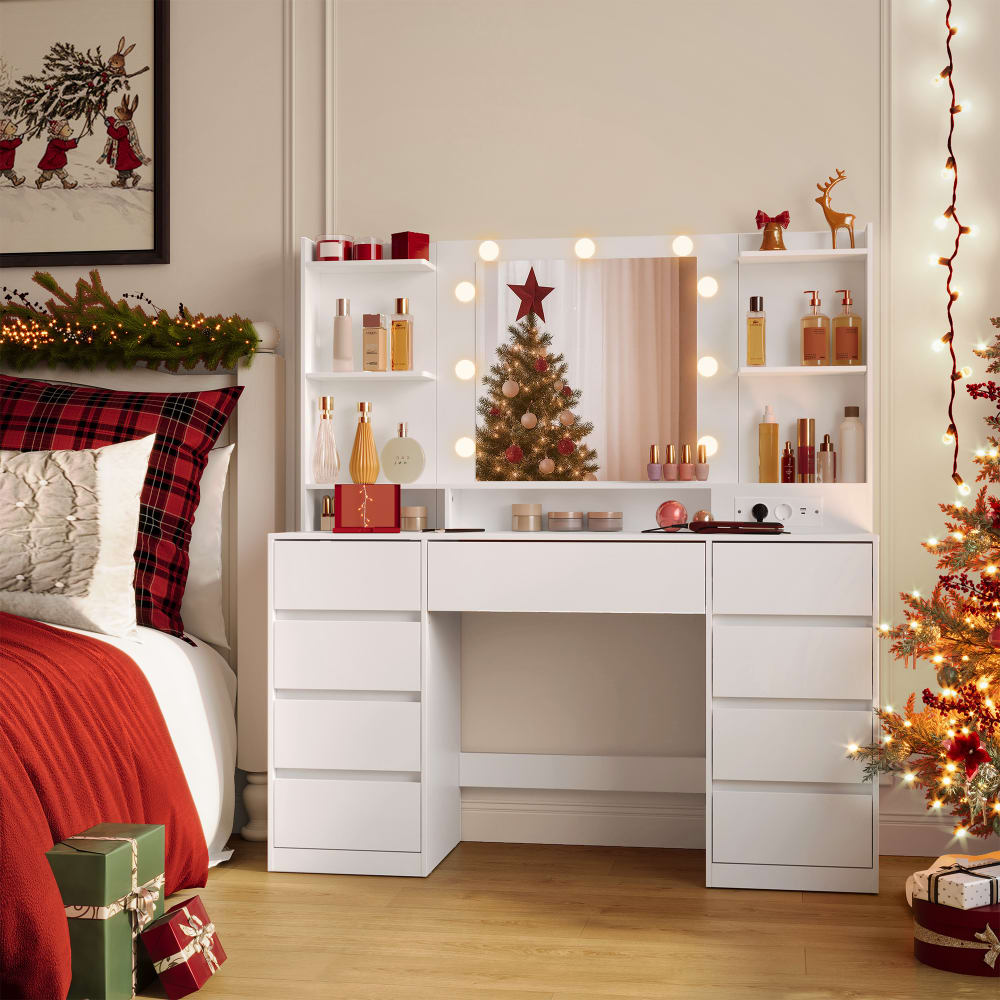 Coiffeuse avec miroir 9 tiroirs 9 ampoules éclairage 3 couleurs blanc