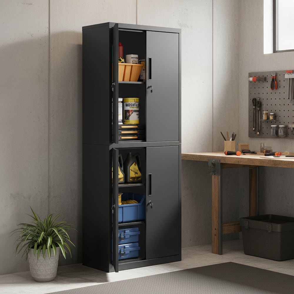 Armoire pour bureau atelier garage avec 5 étagères et 4 portes noir