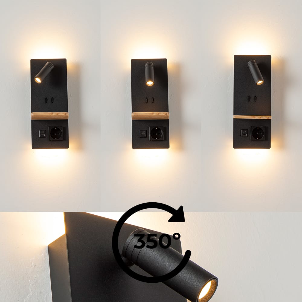Applique murale métal noir avec liseuse 3W et lumière ambiante 30cm — vue 4
