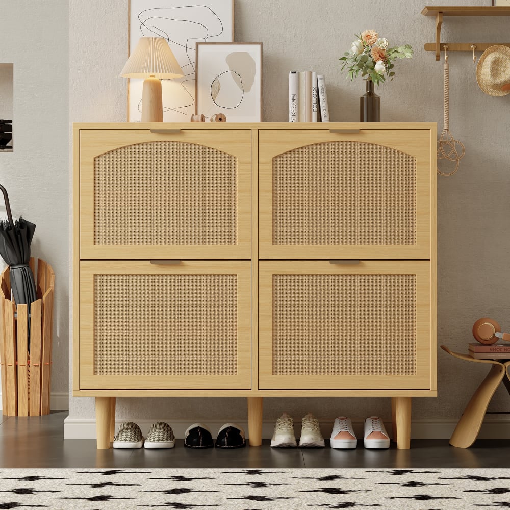 Skandinavischer Schuhschrank mit Rattanfronten, Beige - Maisons