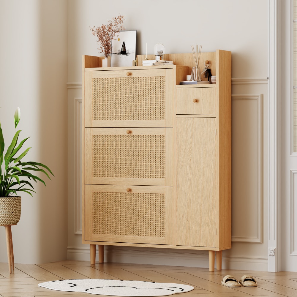 Schuhschrank aus hellem Holz mit Rattanfronten, Beige - Maisons