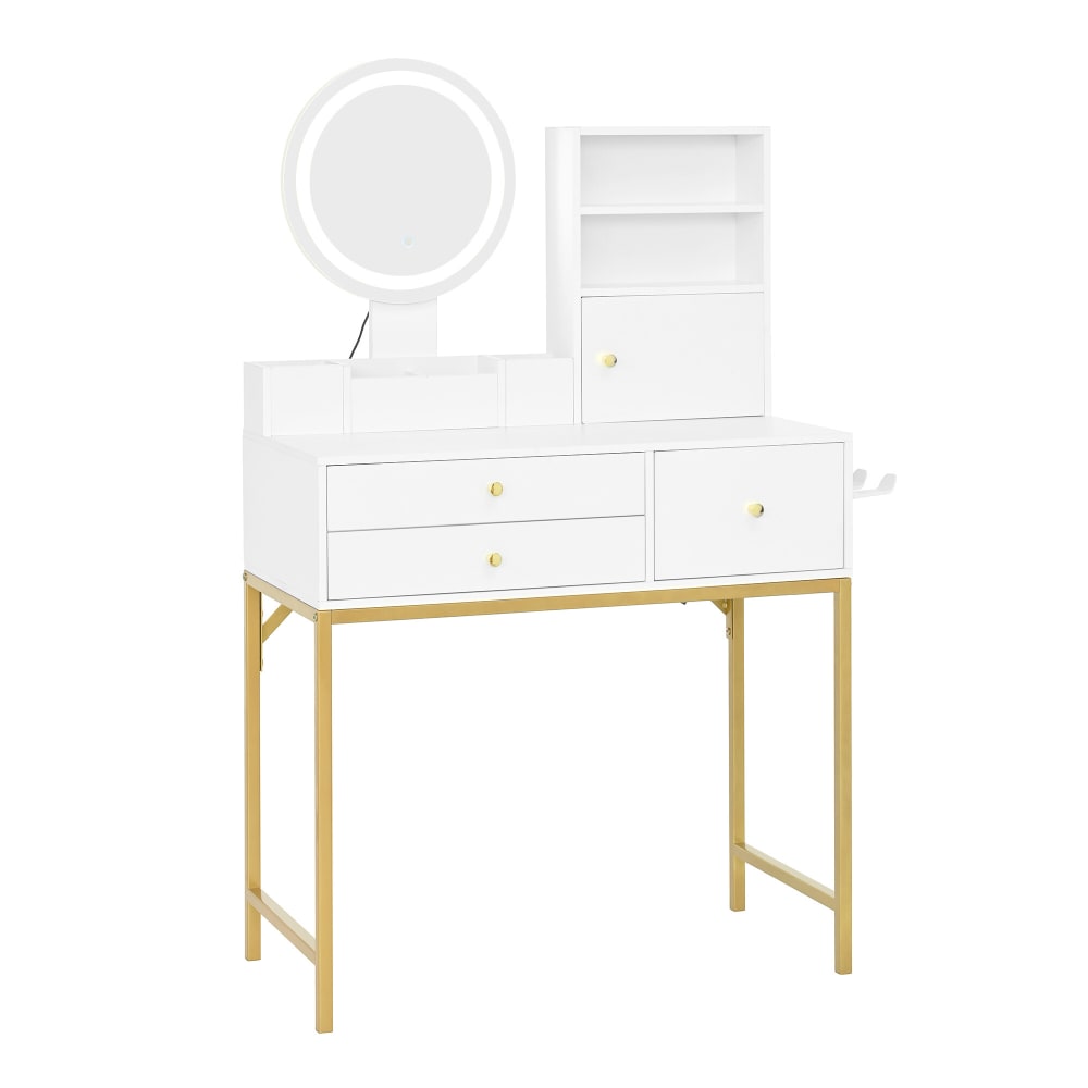 Coiffeuse Moderne Blanche avec Miroir LED Rond et Pieds Dorés