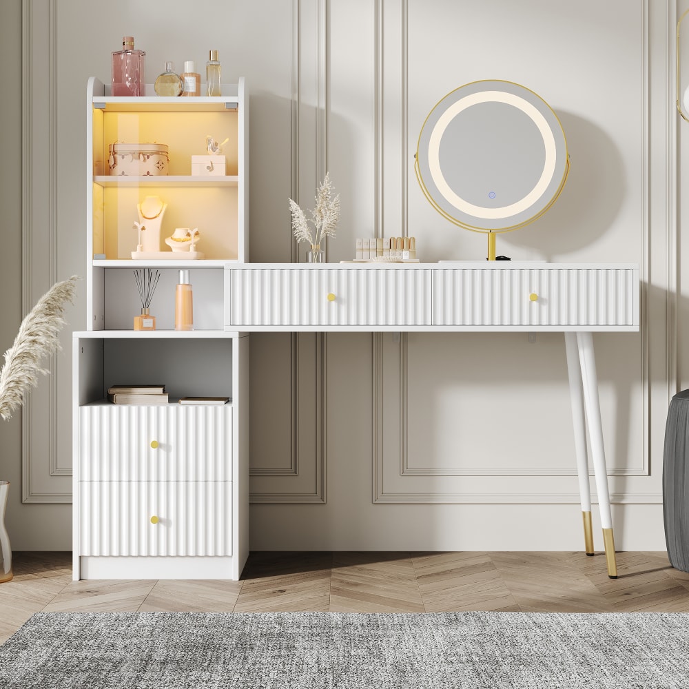 Coiffeuse blanche moderne avec miroir LED et rangements