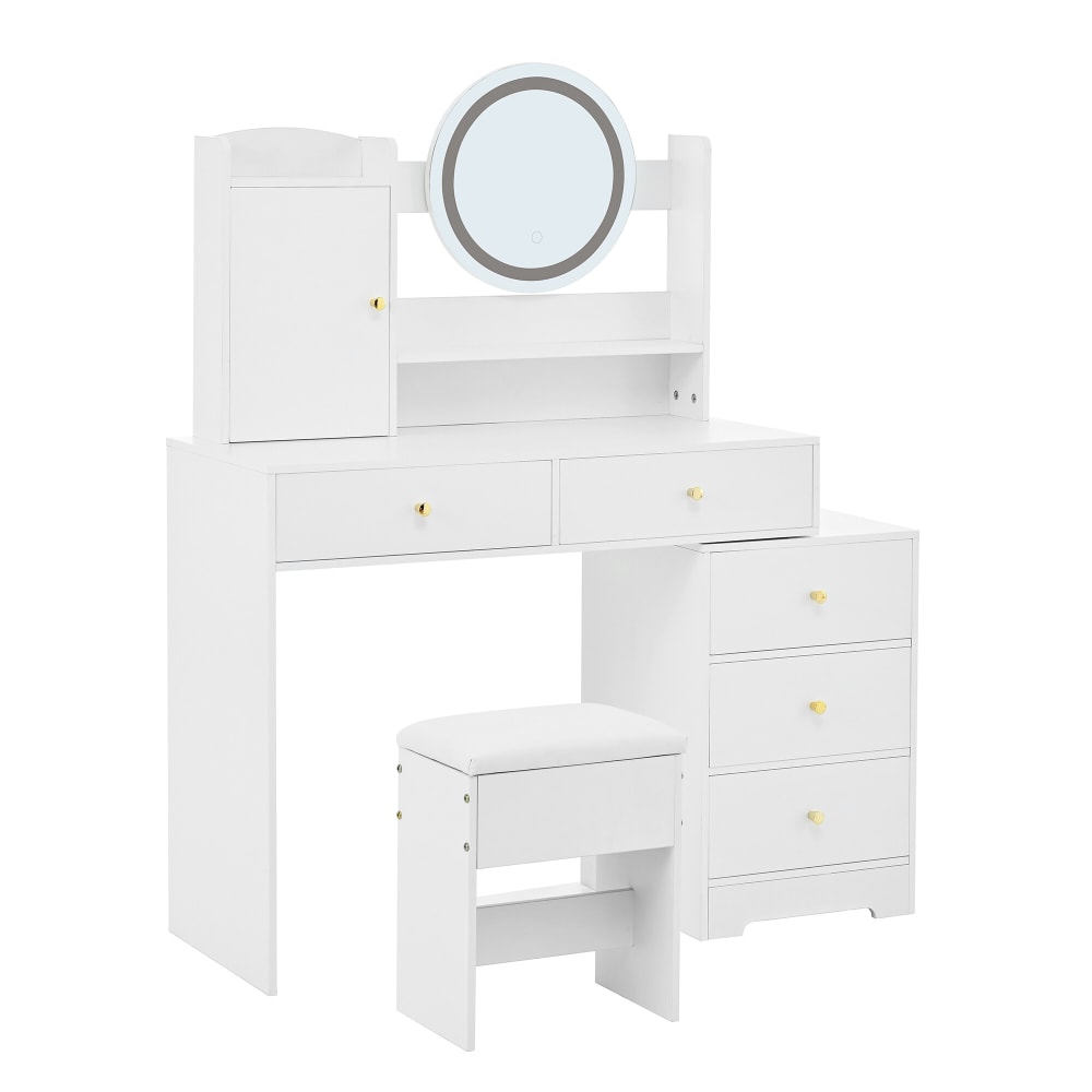 Coiffeuse Moderne Blanche avec Miroir LED Rond et Tabouret