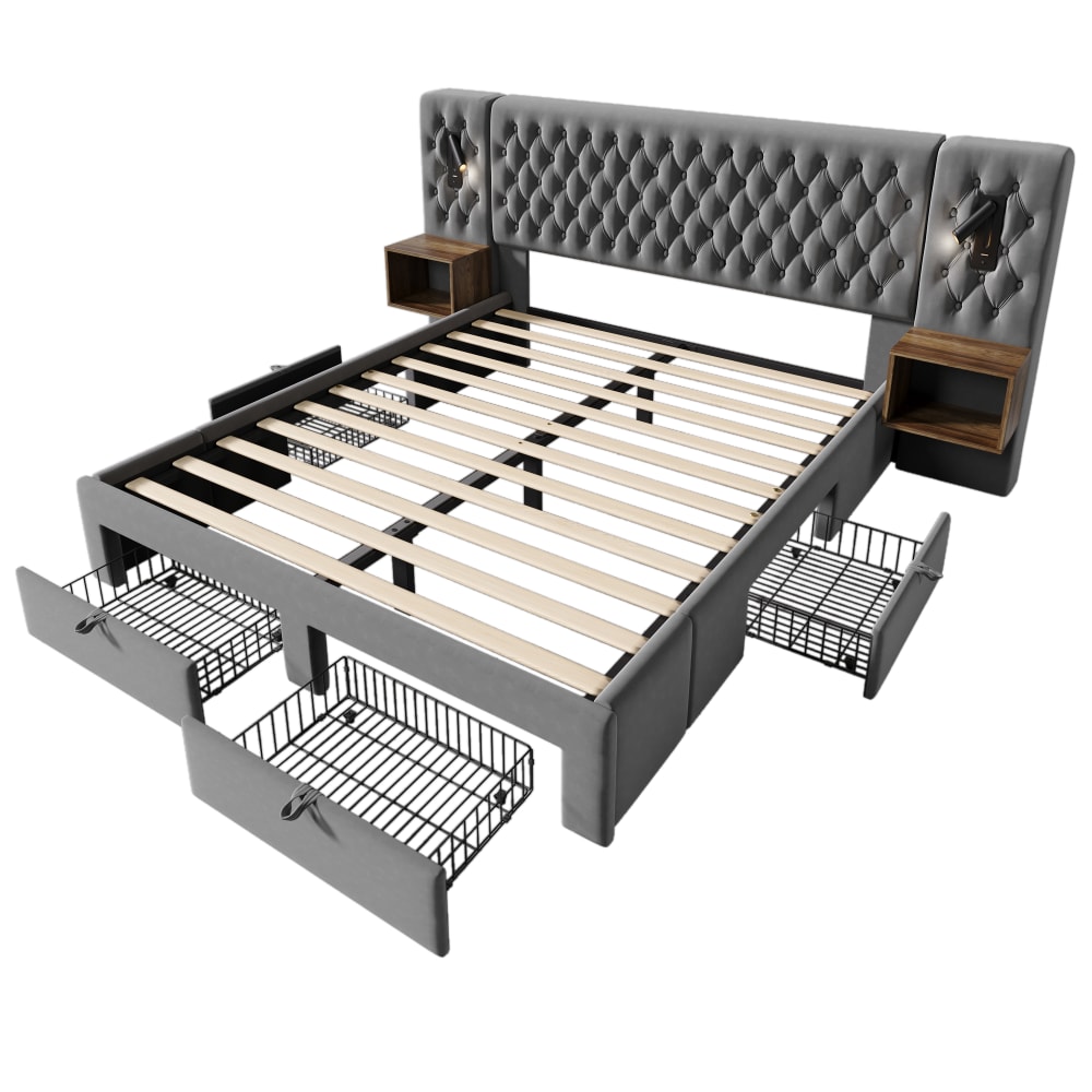 Lit double gris avec tête de lit capitonnée, rangements