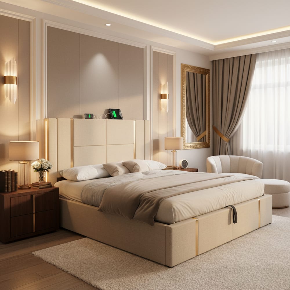 Urban Meuble Gepolstertes Bett mit Integrierter LED-Beleuchtung,Beige Beige Pe - Polyethylen